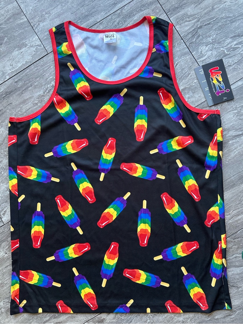 Uzzi Amphibious Gear Men’s Medium Rainbow Popsicle Tank Top Black NWT